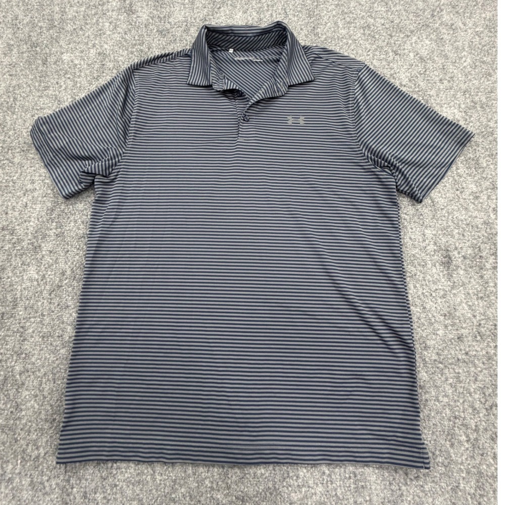 Under Armour Mens HeatGear Striped Polo Shirt Navy Blue Grey Large Loose Fit